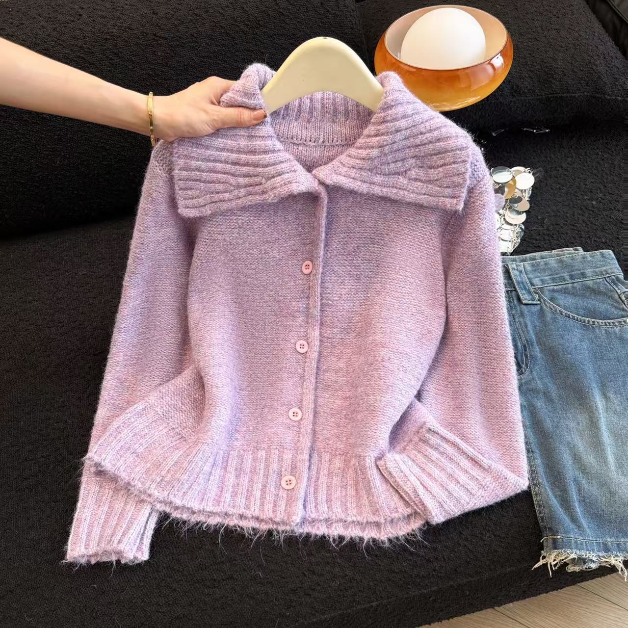 MY15734# 毛绒感立领毛衣开衫女慵懒宽松针织外套新款上衣chic女裝...