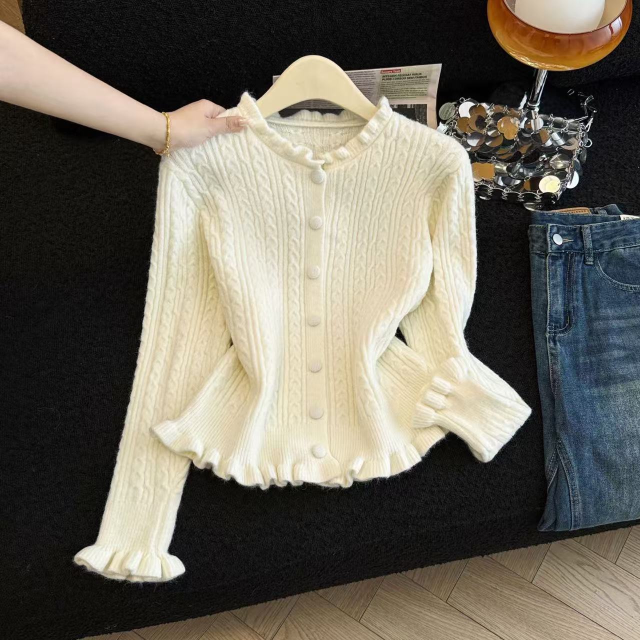 MY16682# 减龄少女感收腰麻花波浪边修身针织衫小个子毛衣上衣chic...