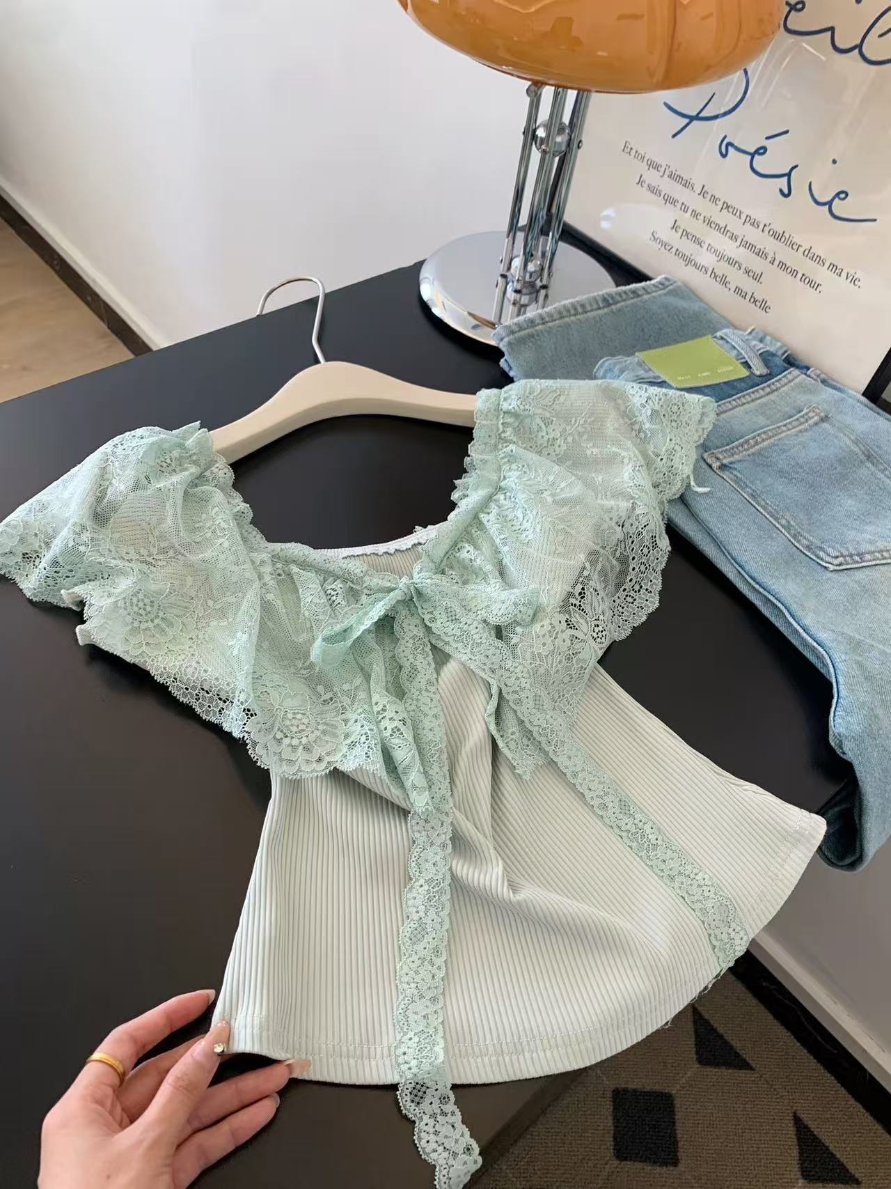 法式湖藍色系帶短袖t恤女夏季薄款修身顯瘦設計感針織衫氣質上衣