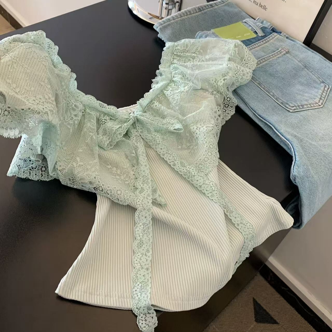 法式湖藍色系帶短袖t恤女夏季薄款修身顯瘦設計感針織衫氣質上衣