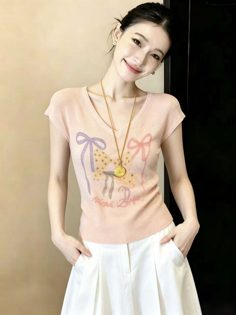 實拍純欲甜美風短款t恤上衣夏蝴蝶結印花v領小飛袖多巴胺小衫chic