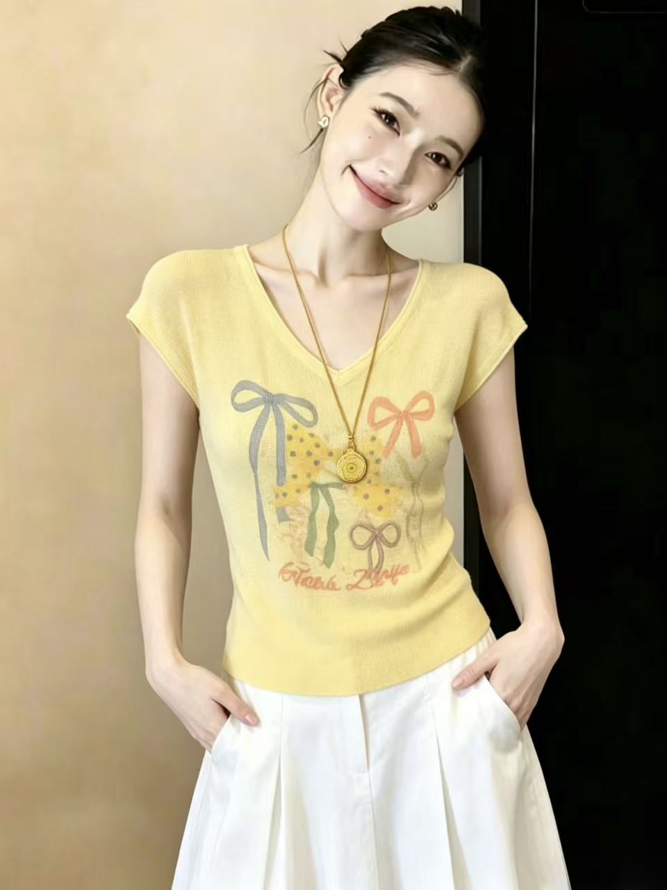 實拍純欲甜美風短款t恤上衣夏蝴蝶結印花v領小飛袖多巴胺小衫chic