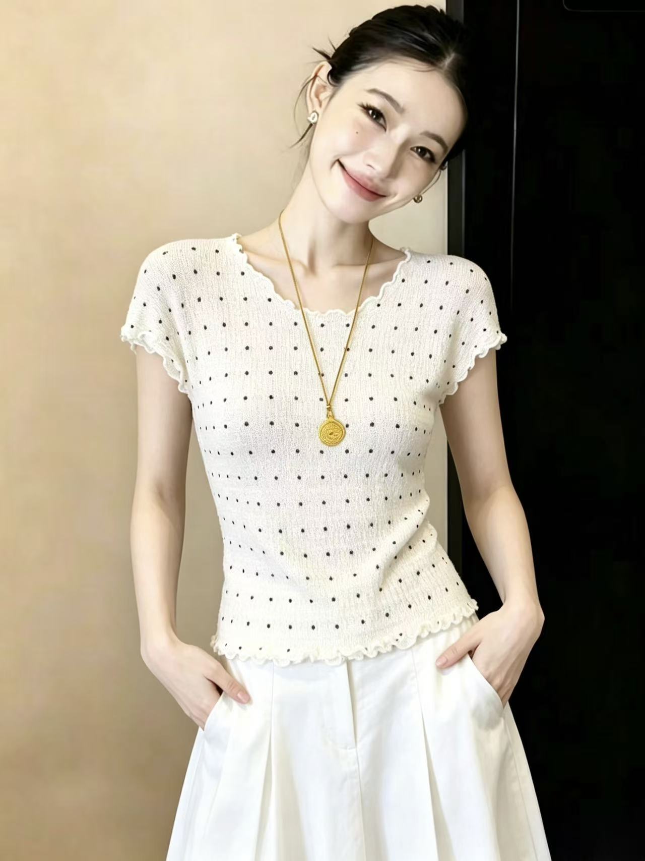 實拍絕美好看木耳邊波點針織短袖T恤夏甜辣妹修身小個子上衣chic