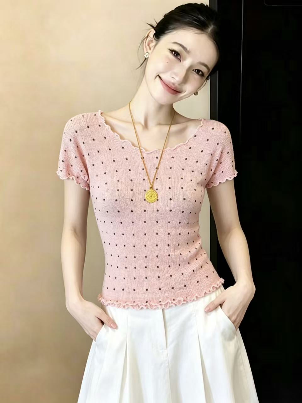 實拍絕美好看木耳邊波點針織短袖T恤夏甜辣妹修身小個子上衣chic