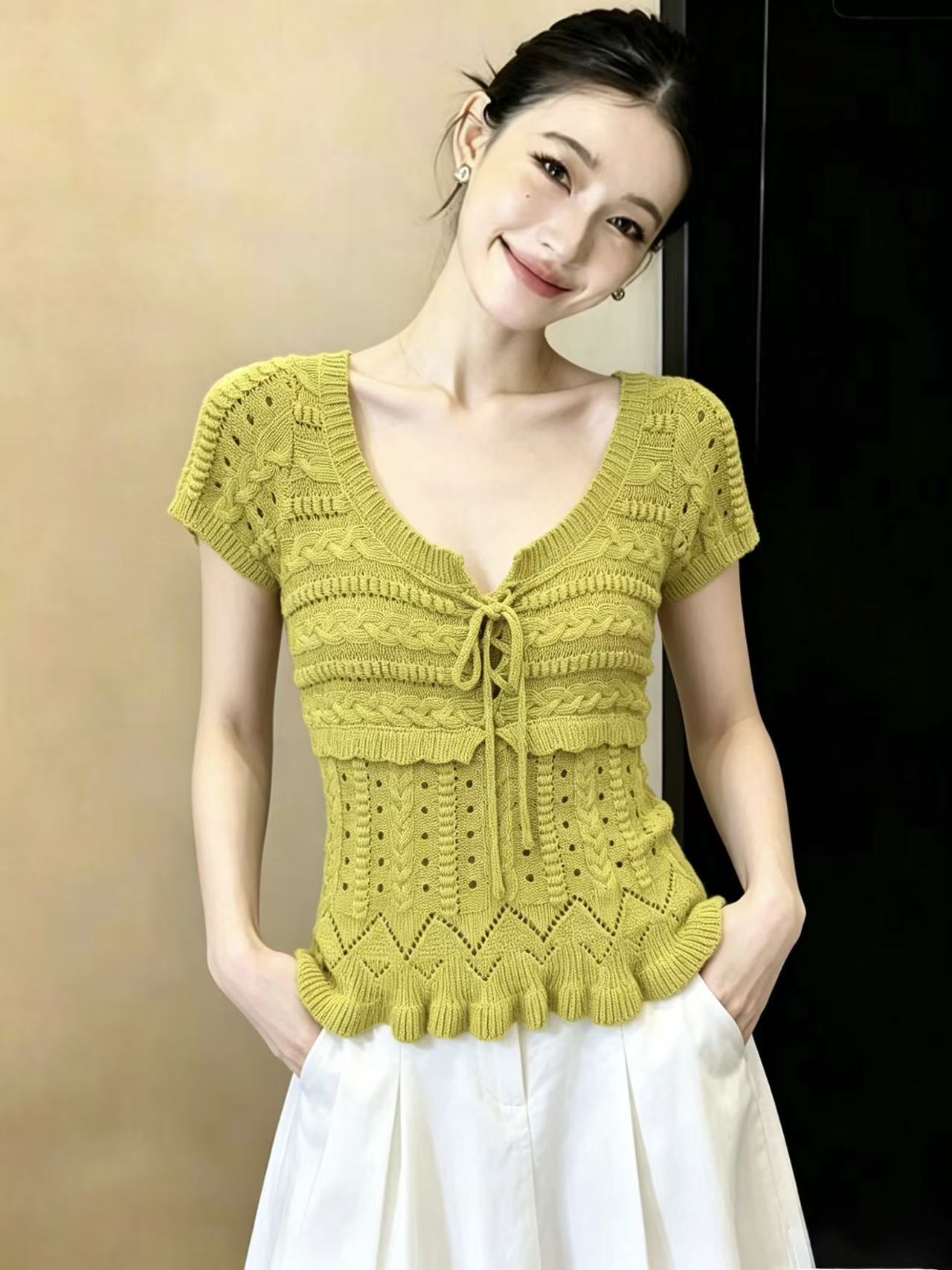 實拍鏤空絞花荷葉邊針織衫女夏季韓系高級感修身時尚百搭上衣chic
