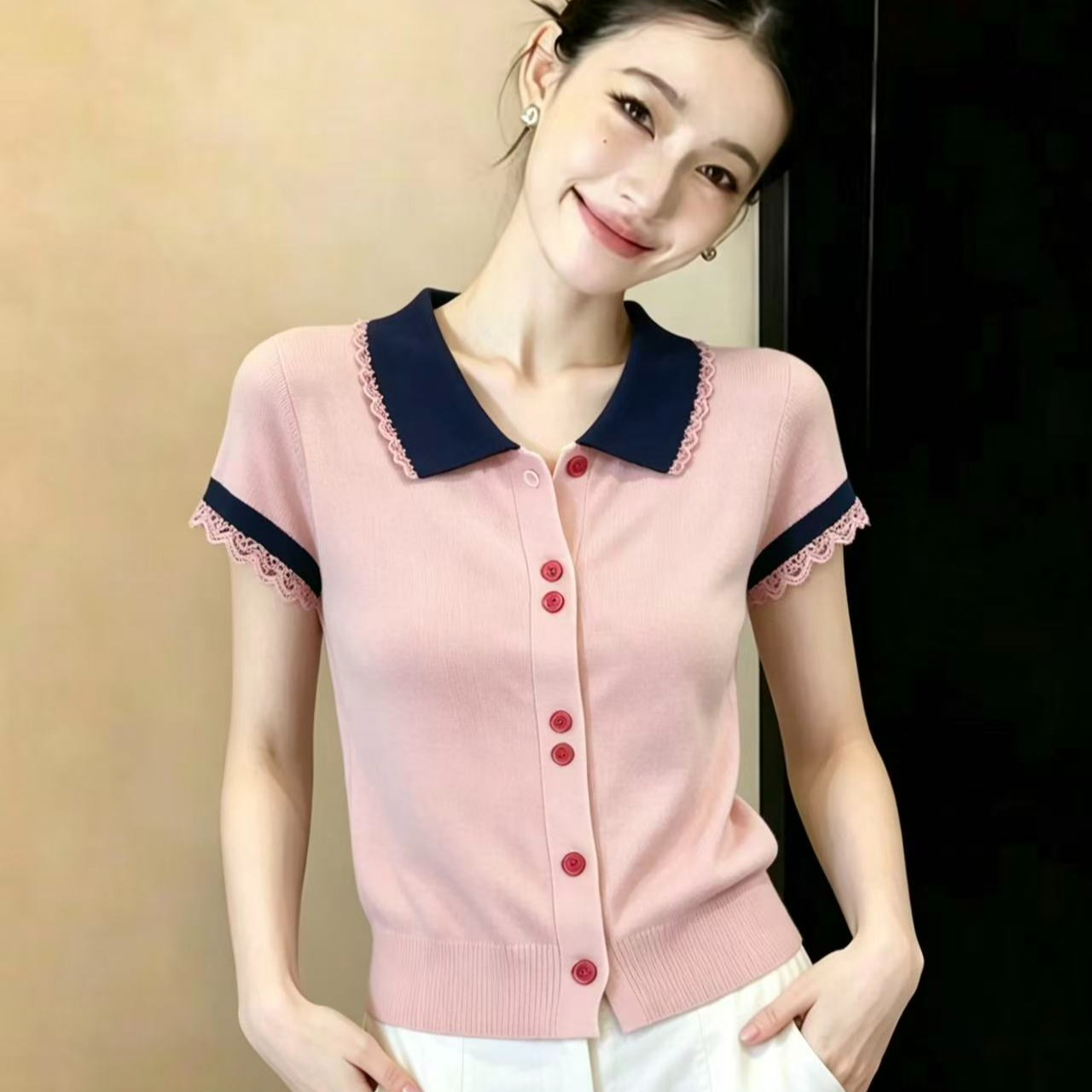 實拍粉藍撞色蕾絲邊短袖T恤女新款夏季別致很仙上衣減齡穿搭chic