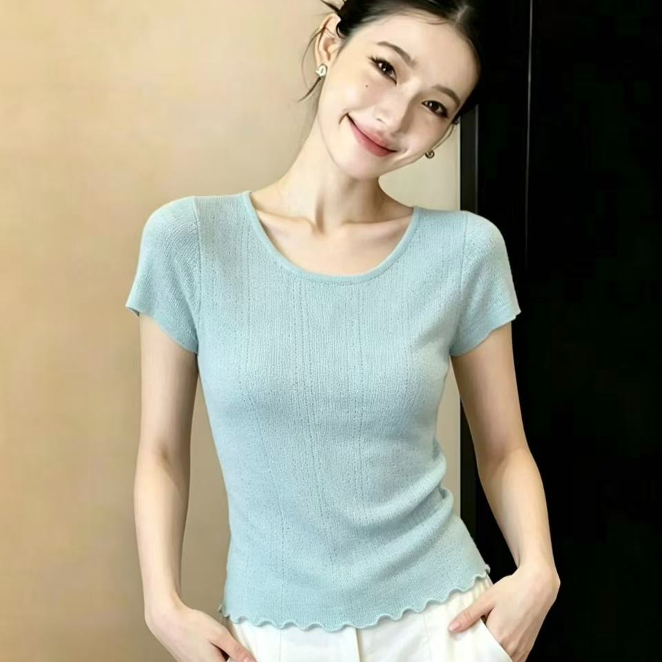 實拍小清晰夏季新款針織衫修身顯瘦百搭高級感氣質木耳邊上衣chic