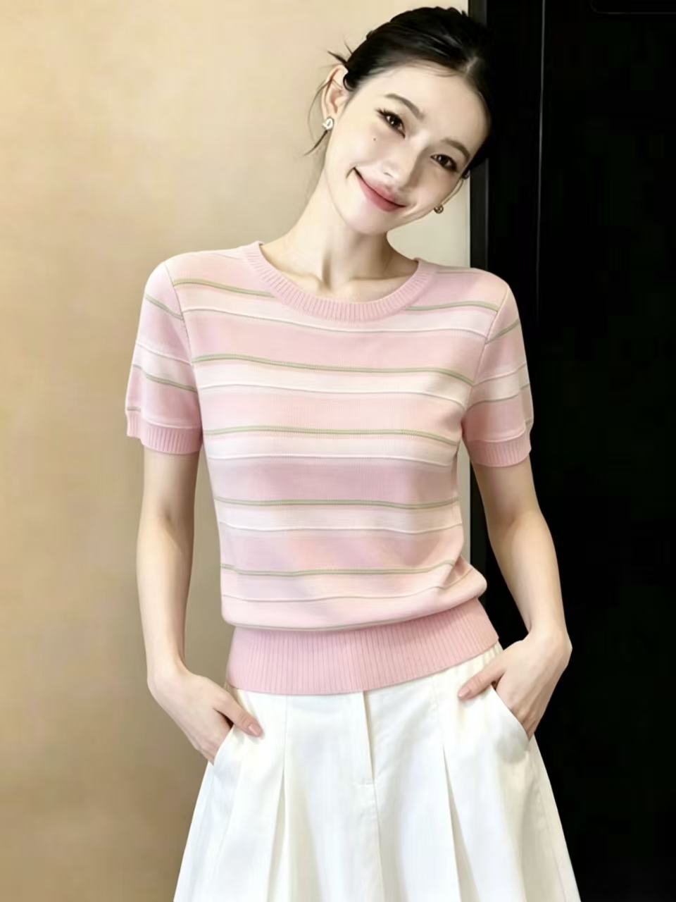實拍韓系條紋粉色多巴胺正肩短袖T恤夏季立體設計感穿搭上衣chic