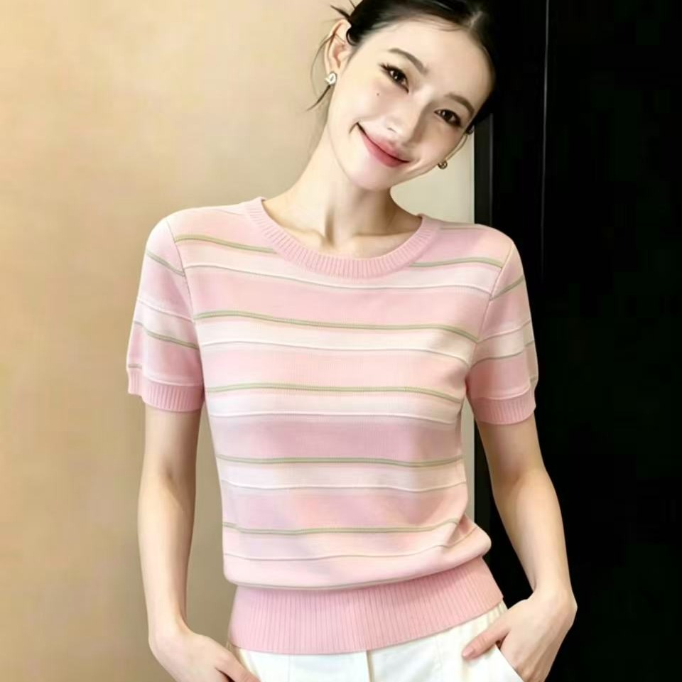 實拍韓系條紋粉色多巴胺正肩短袖T恤夏季立體設計感穿搭上衣chic