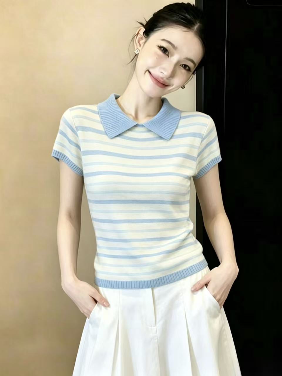 實拍韓系夏新款超好看顯瘦翻領條紋短袖針織T恤洋氣小衫上衣chic