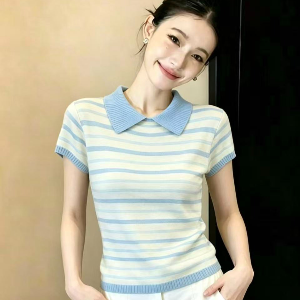 實拍韓系夏新款超好看顯瘦翻領條紋短袖針織T恤洋氣小衫上衣chic
