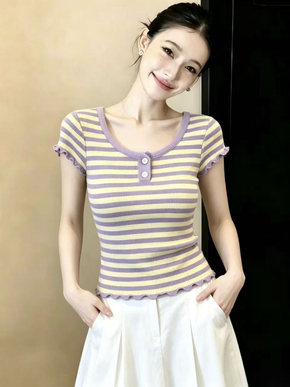 實拍純欲風圓領條紋短袖T恤女夏季新款休閑百搭減齡正肩上衣chic