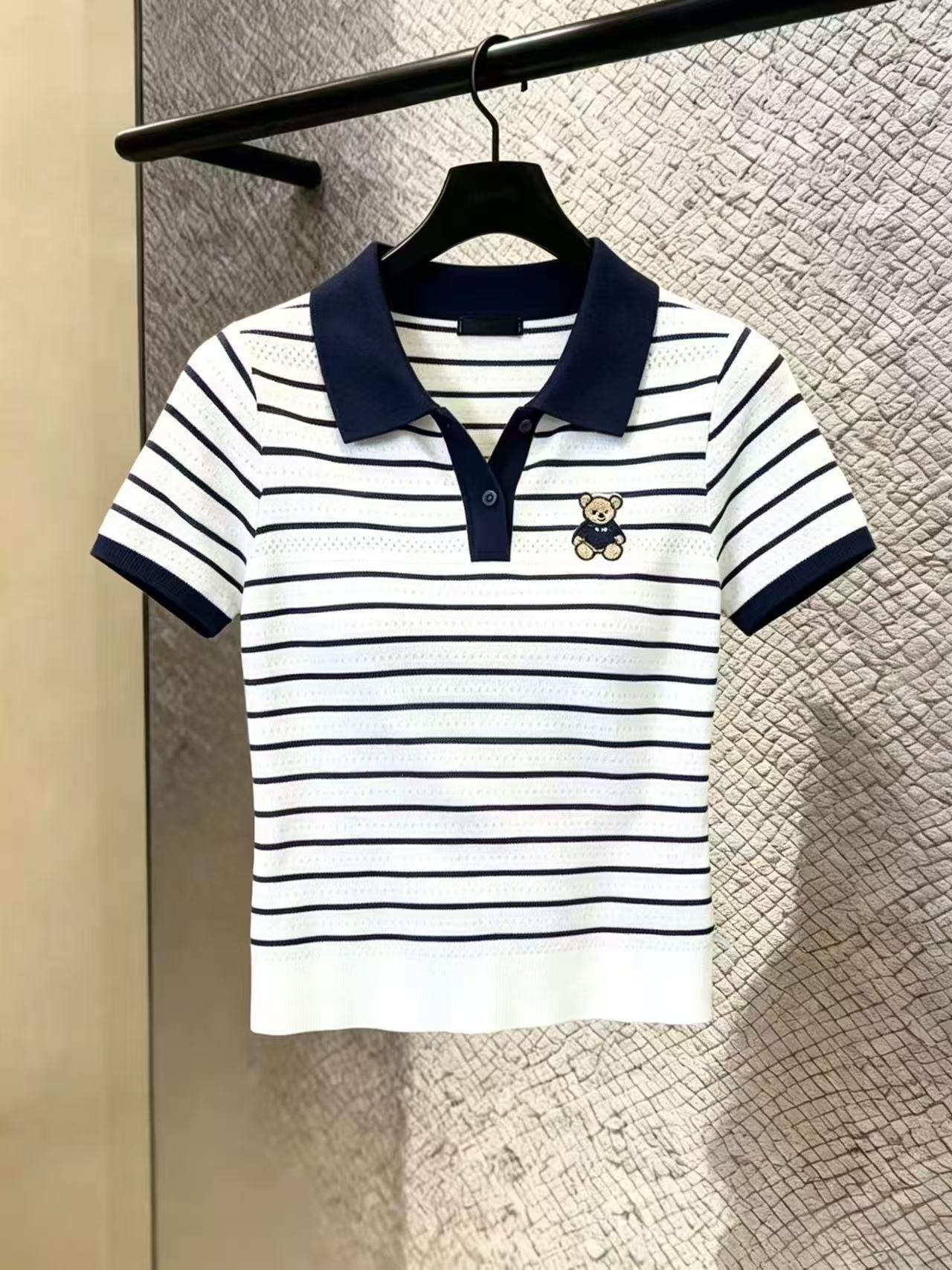 實拍條紋小熊Polo針織衫女夏新款修身顯瘦透氣短袖小個子上衣chic