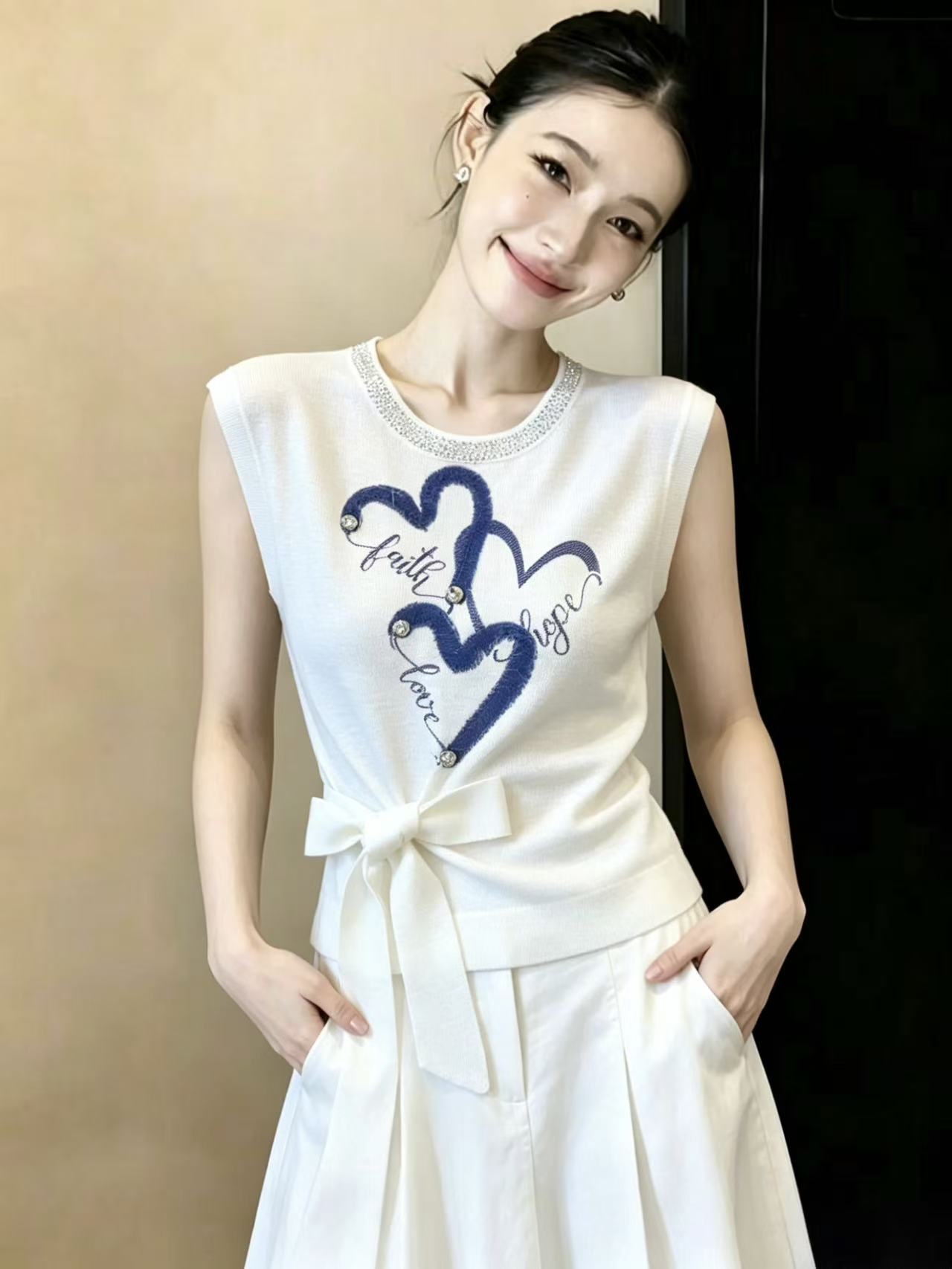 實拍時尚減齡印花針織衫夏洋氣蝴蝶結綁帶白色短袖T恤女上衣chic