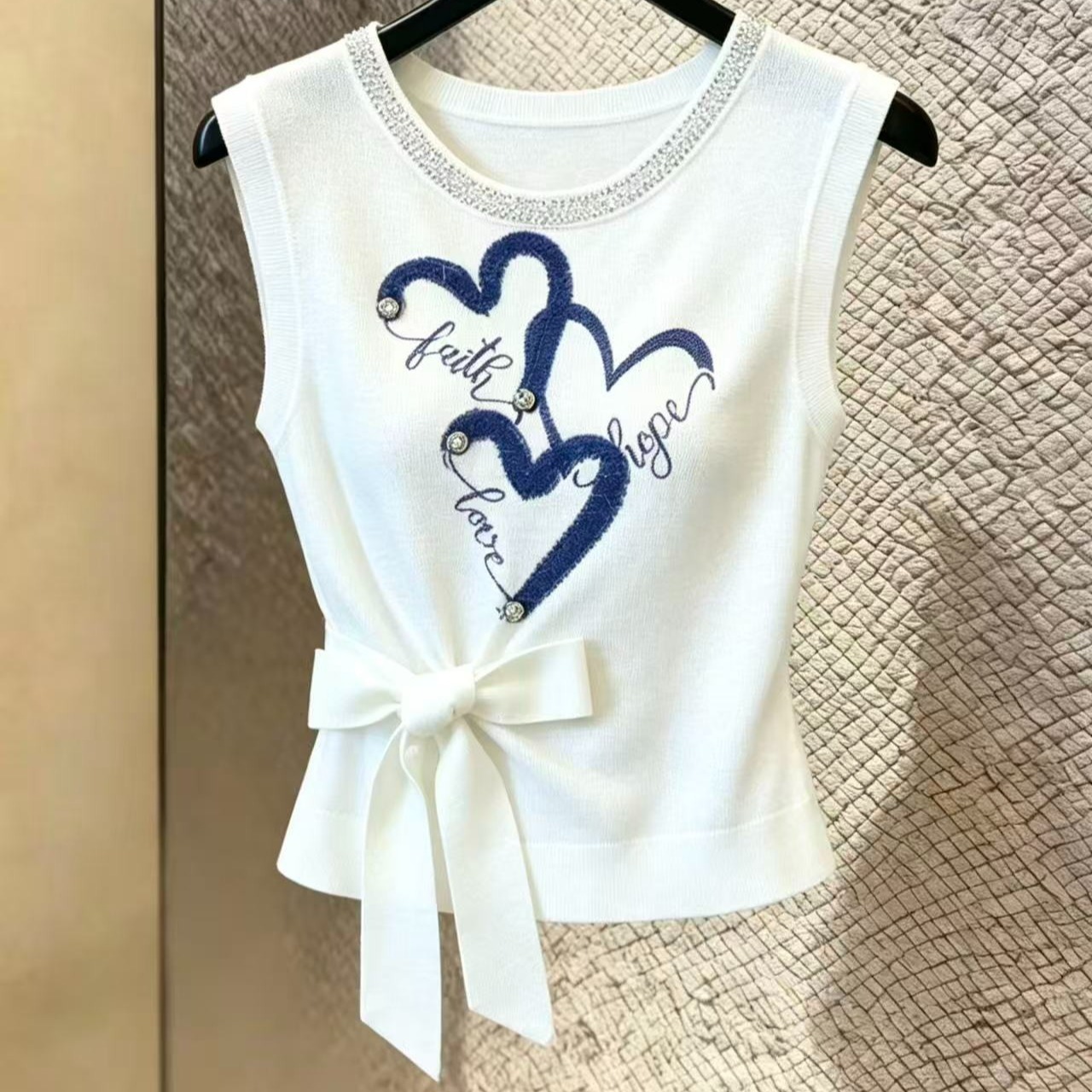 實拍時尚減齡印花針織衫夏洋氣蝴蝶結綁帶白色短袖T恤女上衣chic