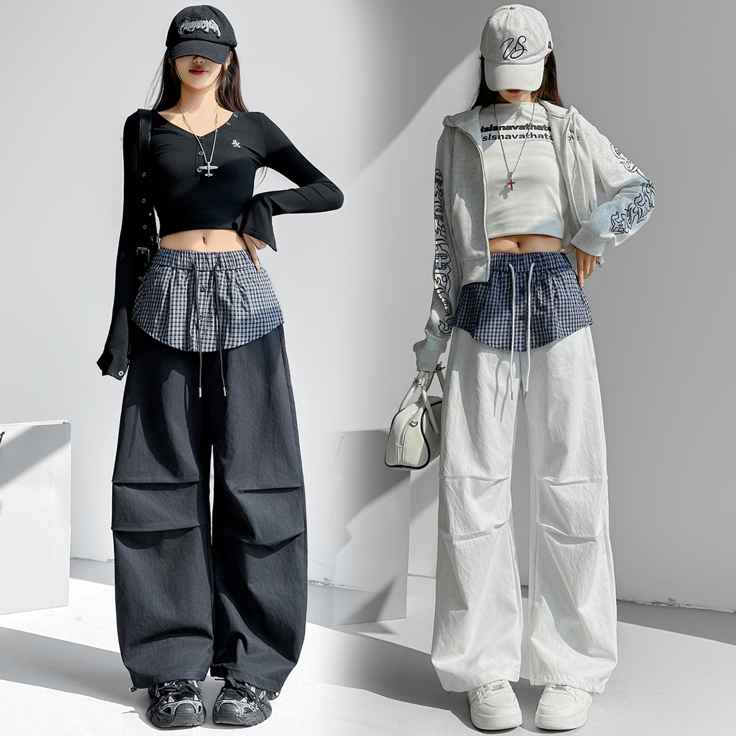 MY16921# 格子拼接屁帘休闲裤新款中高腰宽松显瘦抽绳长裤女裝貨源服裝批發