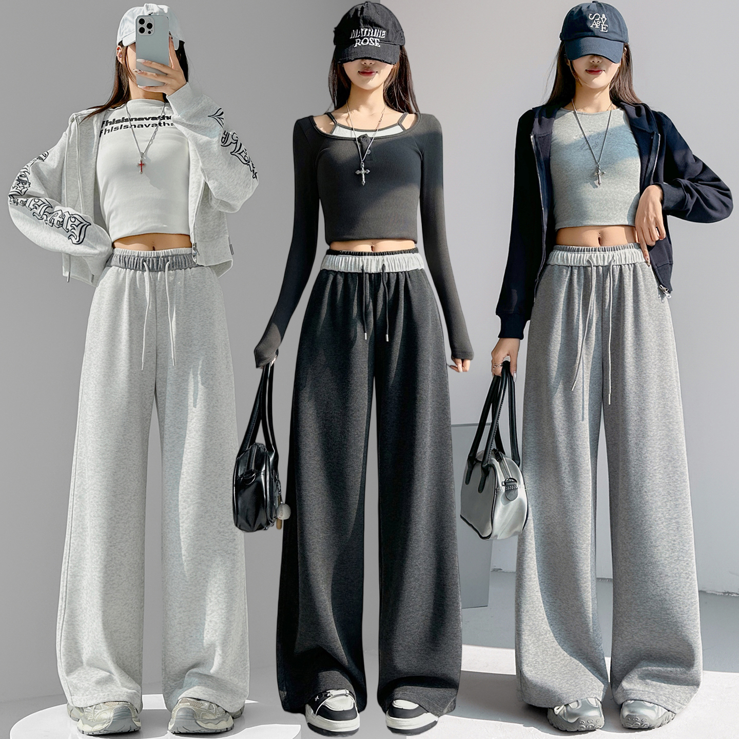 MY16917# 撞色拼接腰头运动裤新款高腰抽绳松弛感垂感百搭糯米阔腿裤女裝貨源服裝批發