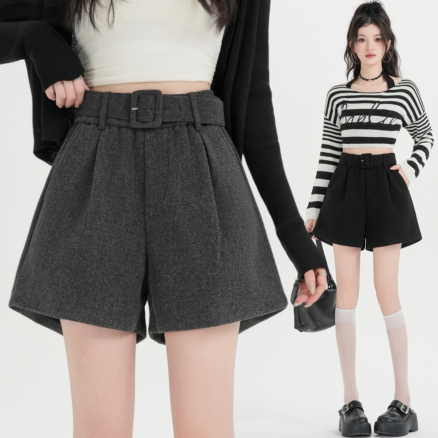 MY16922# 毛呢阔腿短裤女高级感灰色高腰显瘦a字外穿靴裤女裝貨源服裝批發