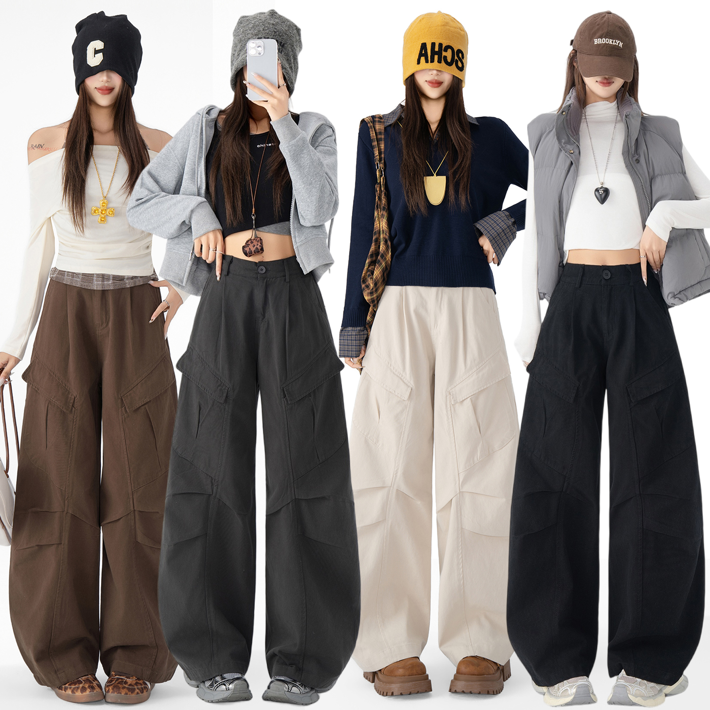 MY16919# 美式复古咖色阔腿工装裤女潮牌解构设计感宽松休闲直筒垂感长裤子女裝貨源服裝批發