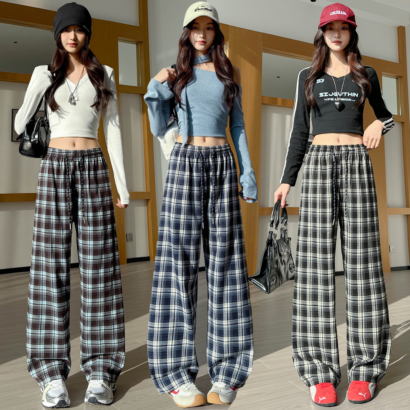 MY17605#小个子美式格子阔腿裤松紧腰松弛感显高宽松高级感休闲直筒裤女...