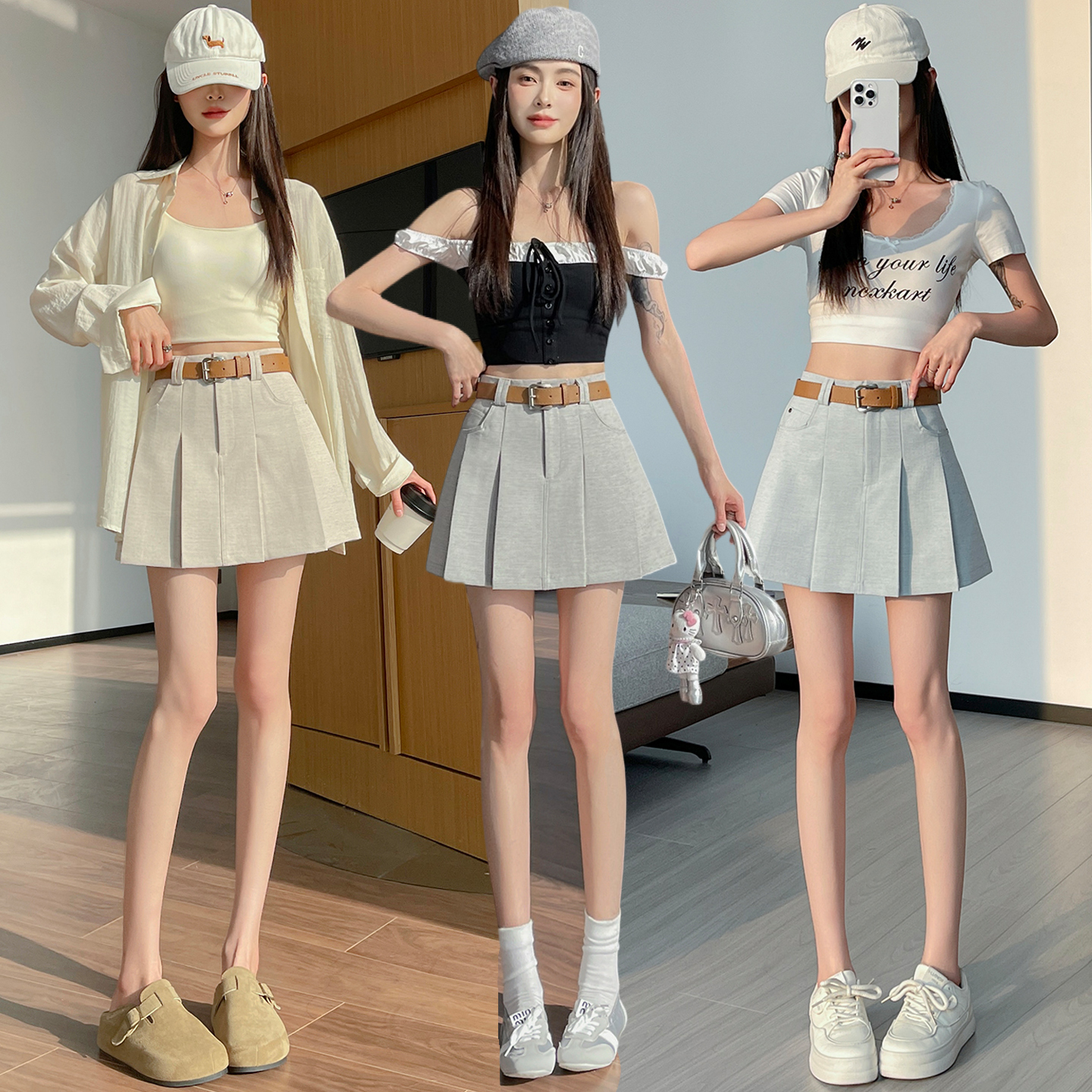 RY1913# 洗水棉百褶半身裙女夏2026新款小个子百搭高腰显瘦防走光a...