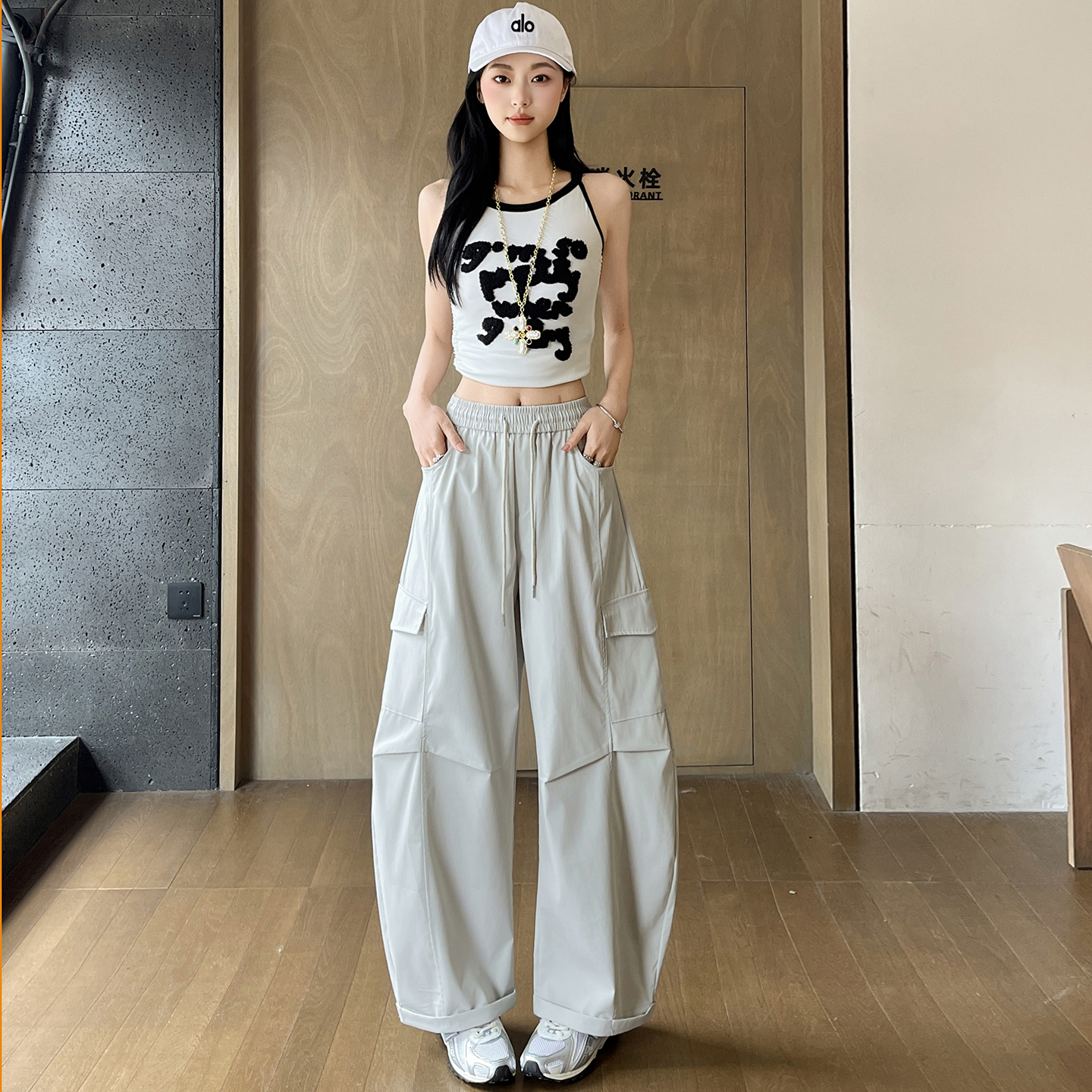 工裝褲女款2026夏季新款高腰直筒褲子酷颯風美式運動彎刀闊腿褲