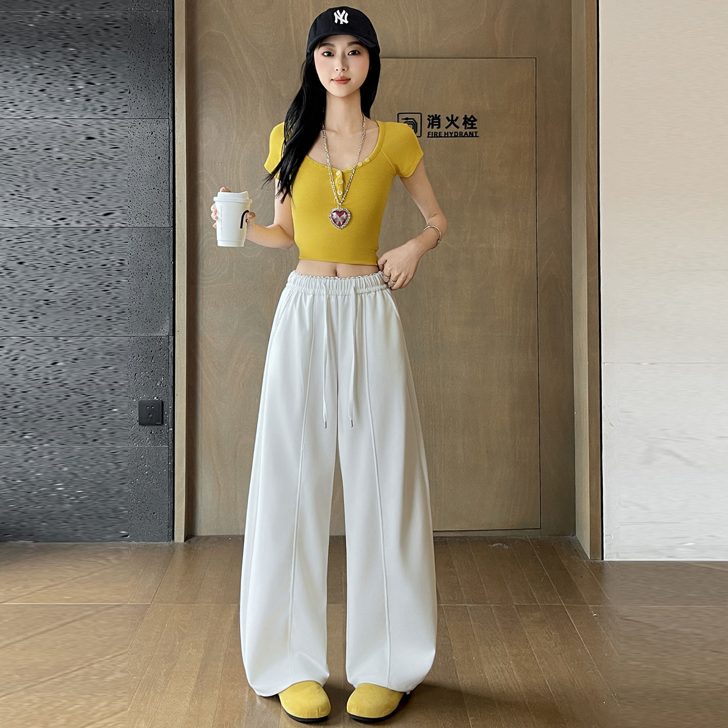 韓系拼接蕾絲花邊闊腿褲女春夏寬松垂感休閑束腳運動衛褲