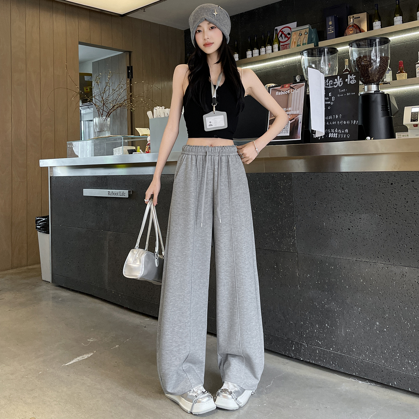 韓系拼接蕾絲花邊闊腿褲女春夏寬松垂感休閑束腳運動衛褲