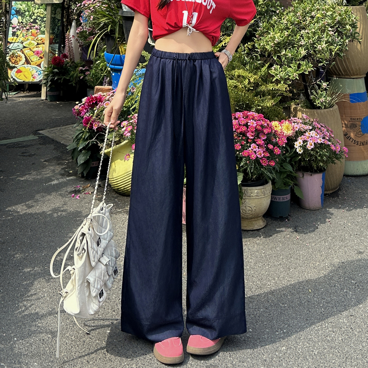 冰絲闊腿褲女夏季薄款垂感寬松奶芙褲慵懶肌理感涼涼防曬山本褲子