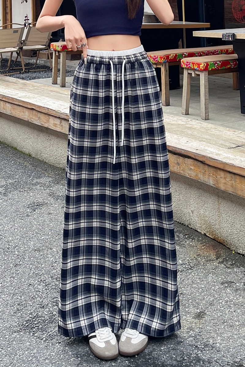 冰絲格子闊腿褲女春夏薄款慵懶風顯瘦百搭蕾絲系帶直筒寬松休閑褲