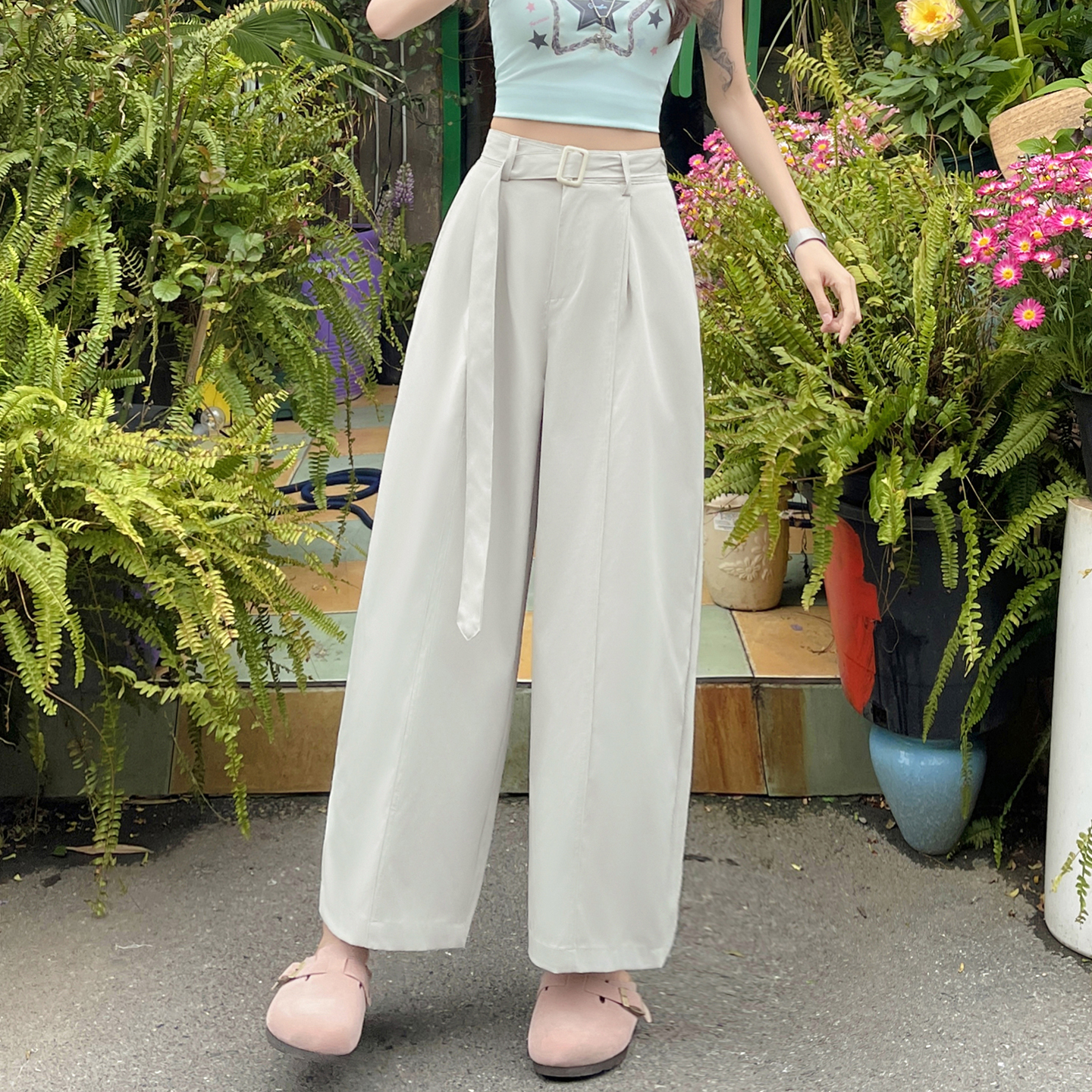 時尚百搭系腰帶闊腿彎刀褲女夏季新款寬松顯瘦垂感直筒褲休閑褲子