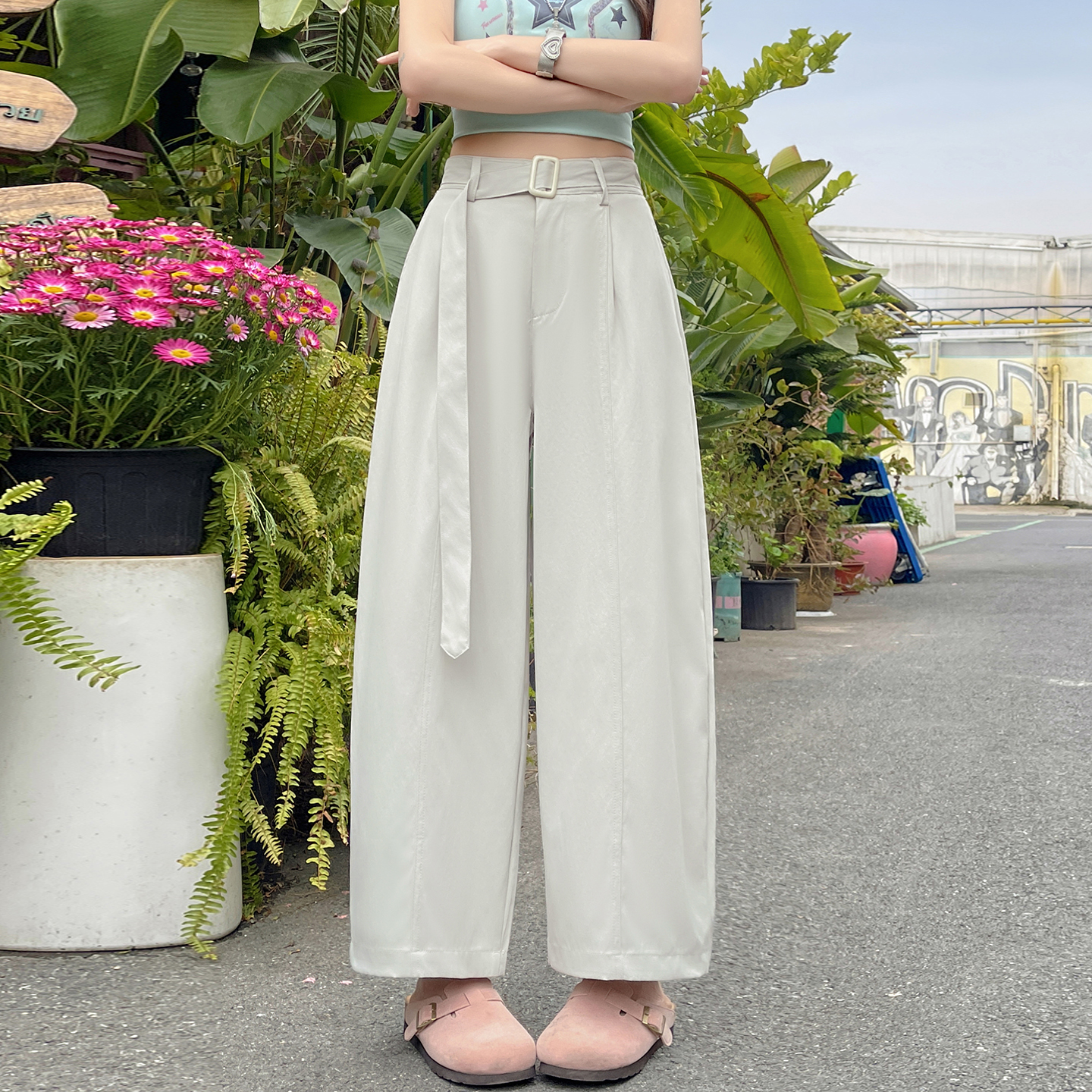 時尚百搭系腰帶闊腿彎刀褲女夏季新款寬松顯瘦垂感直筒褲休閑褲子