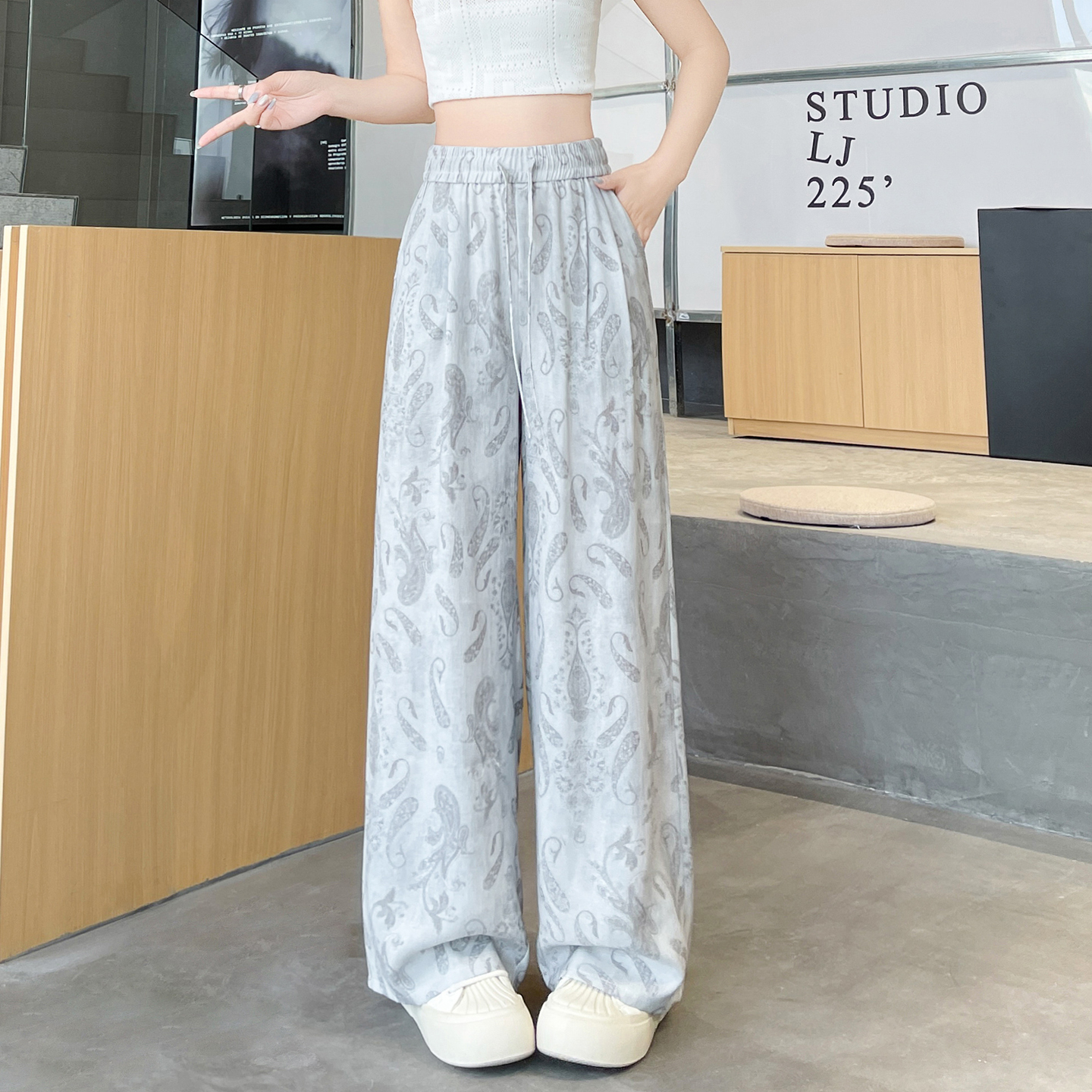 冰絲褲 棉麻闊腿褲女2026春夏薄款波西米亞復古印花亞麻山本