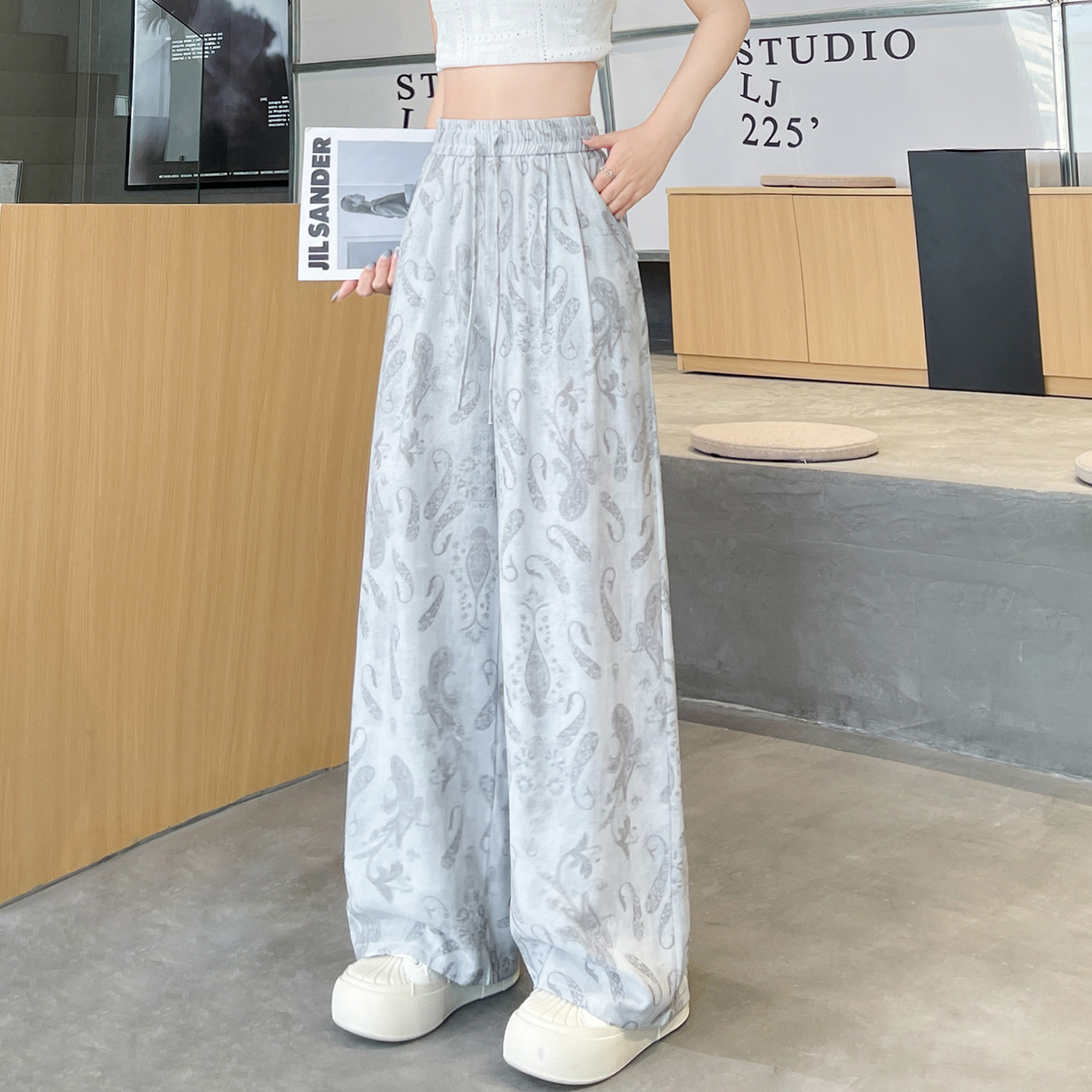 冰絲褲 棉麻闊腿褲女2026春夏薄款波西米亞復古印花亞麻山本