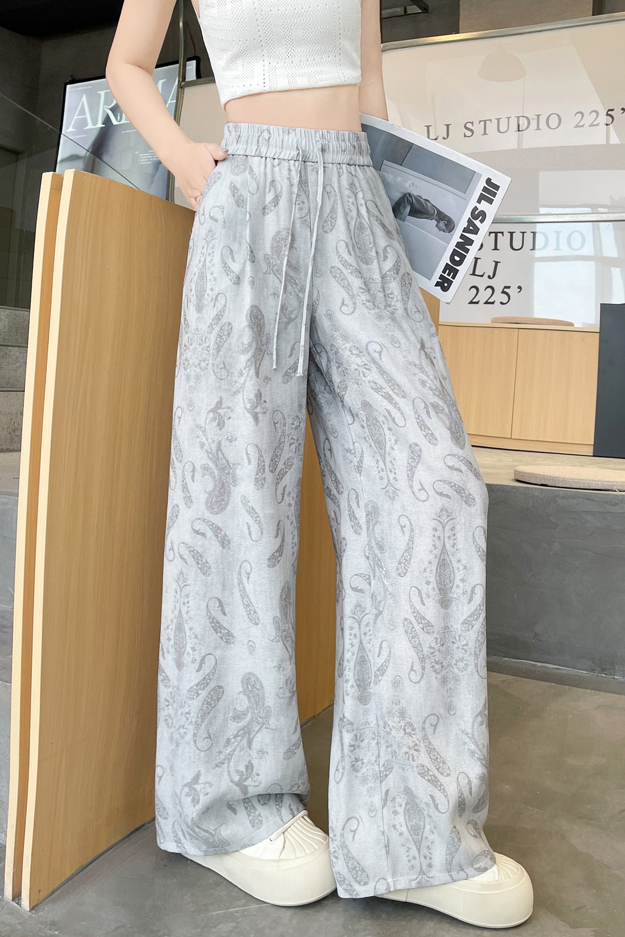 冰絲褲 棉麻闊腿褲女2026春夏薄款波西米亞復古印花亞麻山本