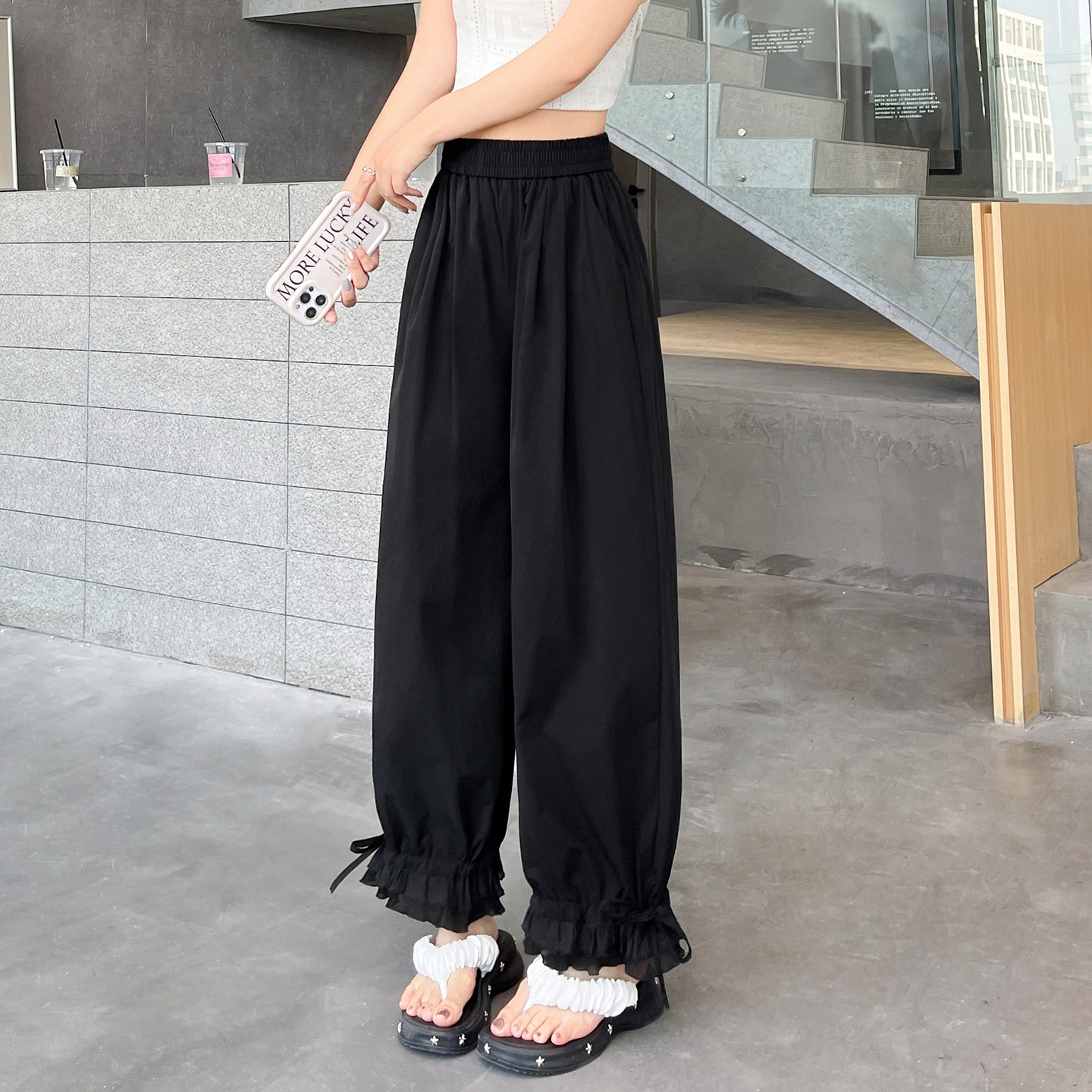 杏色洗水棉壓褶木耳邊闊腿褲女夏季寬松休閑九分直筒褲子