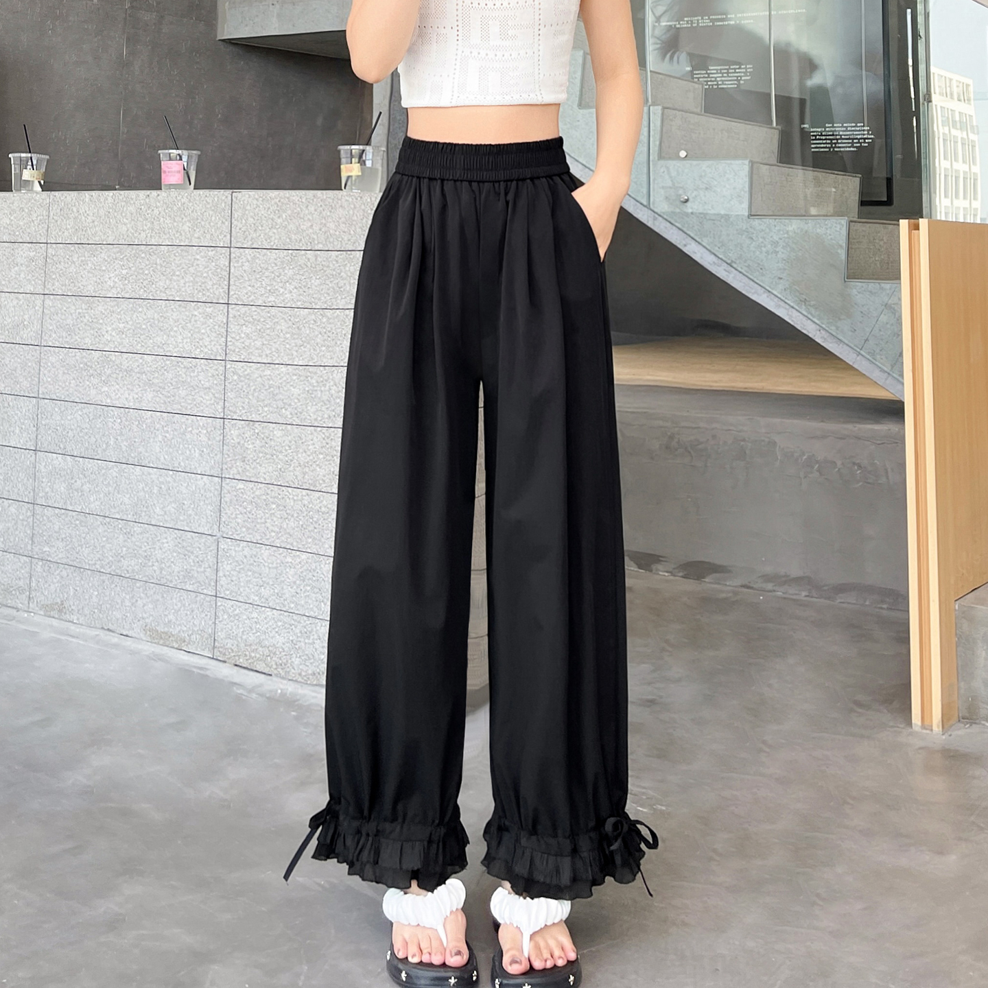 杏色洗水棉壓褶木耳邊闊腿褲女夏季寬松休閑九分直筒褲子
