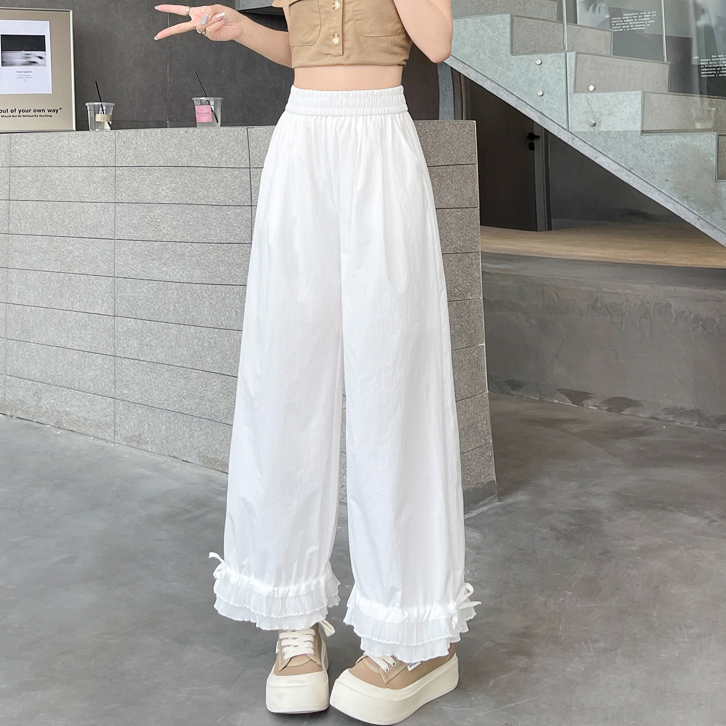 杏色洗水棉壓褶木耳邊闊腿褲女夏季寬松休閑九分直筒褲子