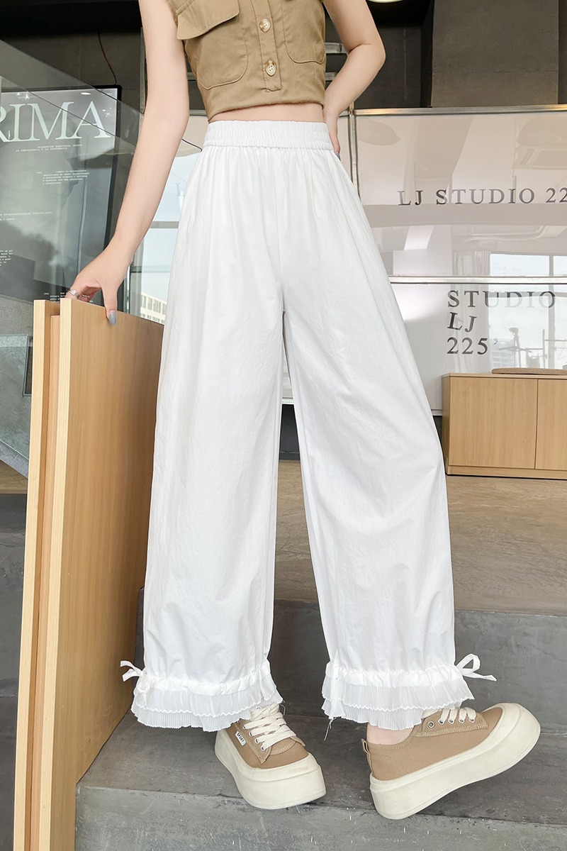 杏色洗水棉壓褶木耳邊闊腿褲女夏季寬松休閑九分直筒褲子