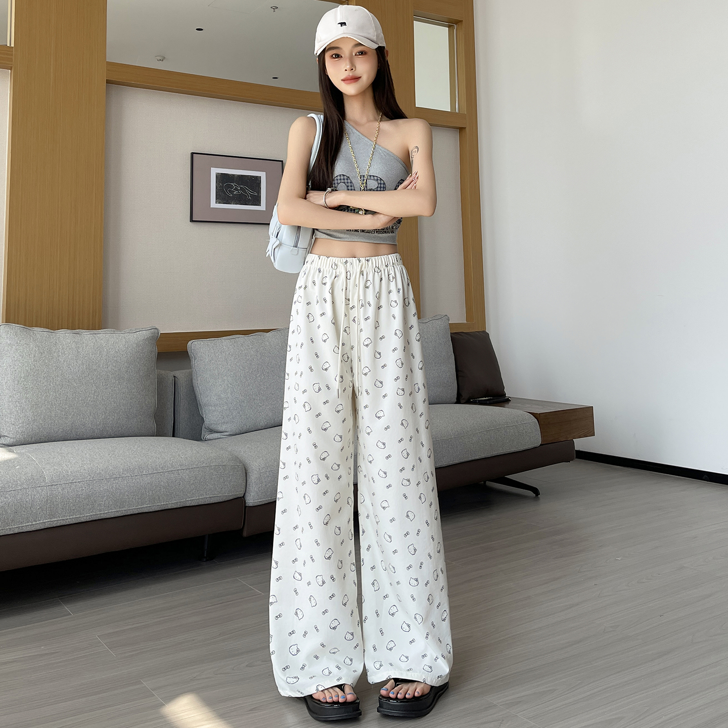 可愛Kitty貓印花休閑褲女春季新款高腰寬松闊腿慵懶遛彎休閑褲