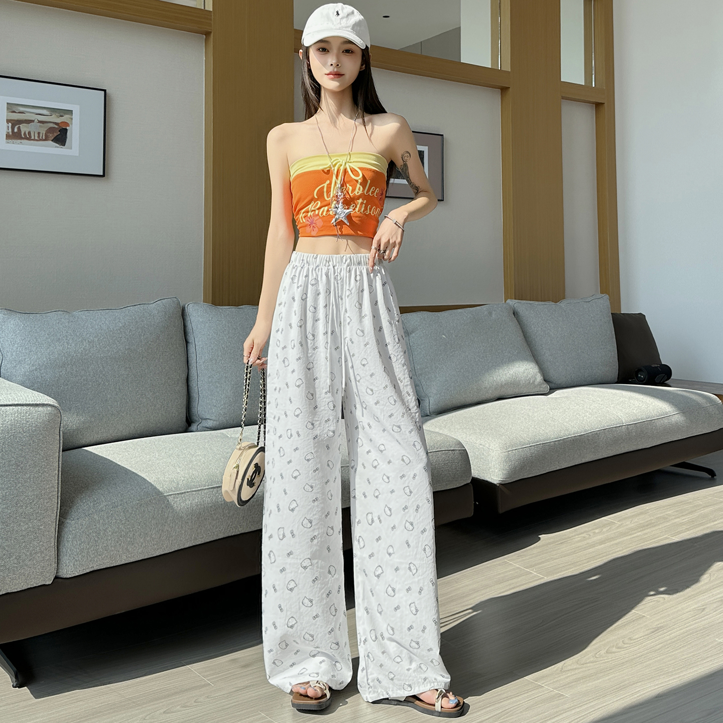 可愛Kitty貓印花休閑褲女春季新款高腰寬松闊腿慵懶遛彎休閑褲