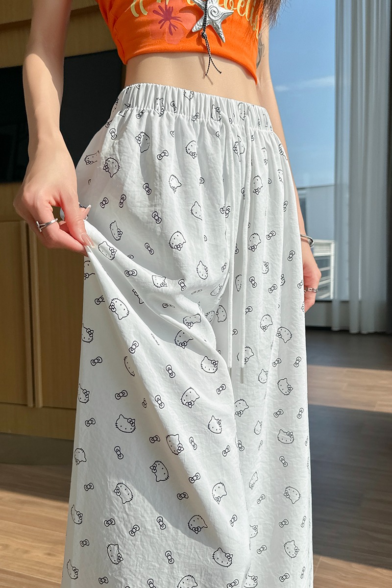 可愛Kitty貓印花休閑褲女春季新款高腰寬松闊腿慵懶遛彎休閑褲