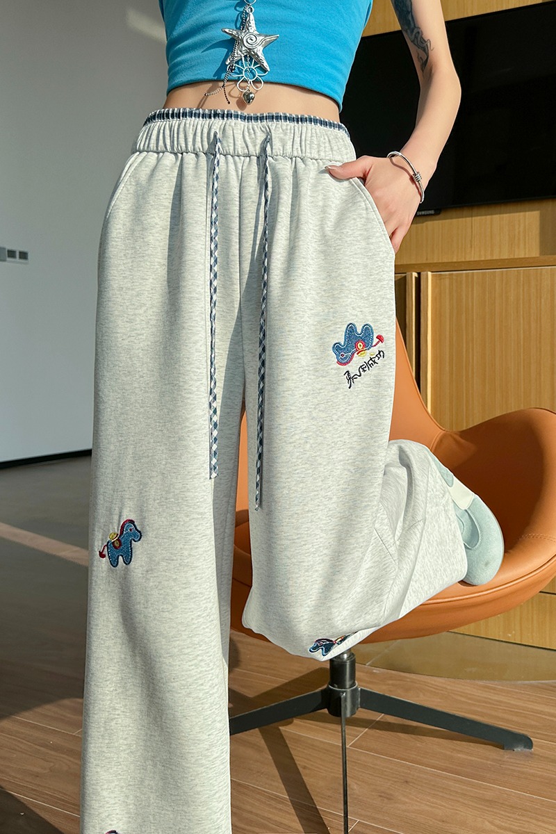 刺繡小狗休閑褲春日穿搭女裝休閑運動闊腿長褲子