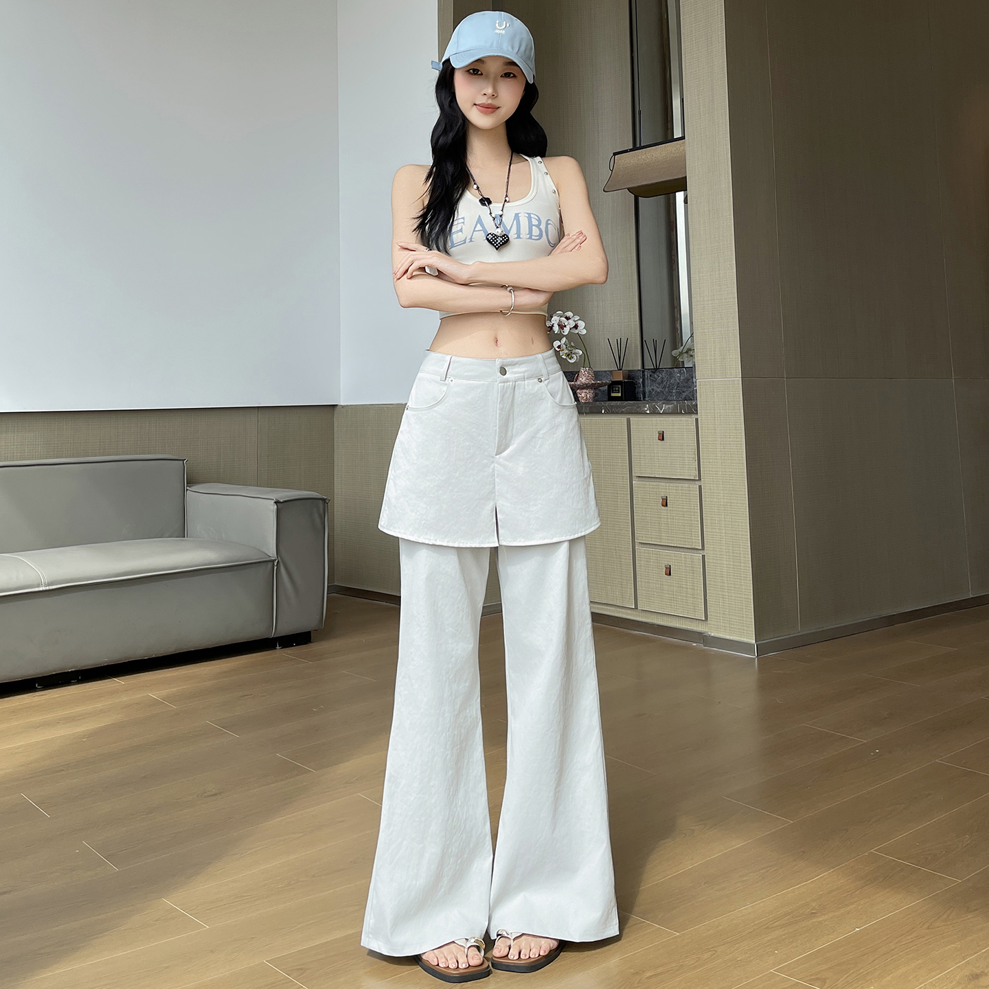 假兩件屁簾洗水棉微喇褲女夏薄款新款高腰顯瘦寬松百搭垂感馬蹄褲