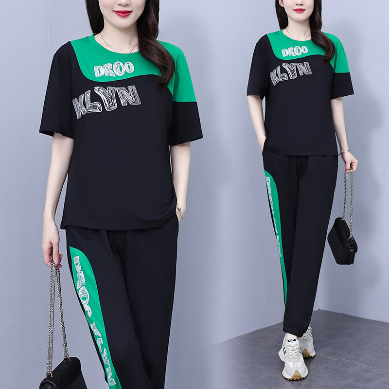 MY7911# 夏季新款休闲时尚印花大码卫衣拼接天丝罗马两件套女裝貨源服裝批發
