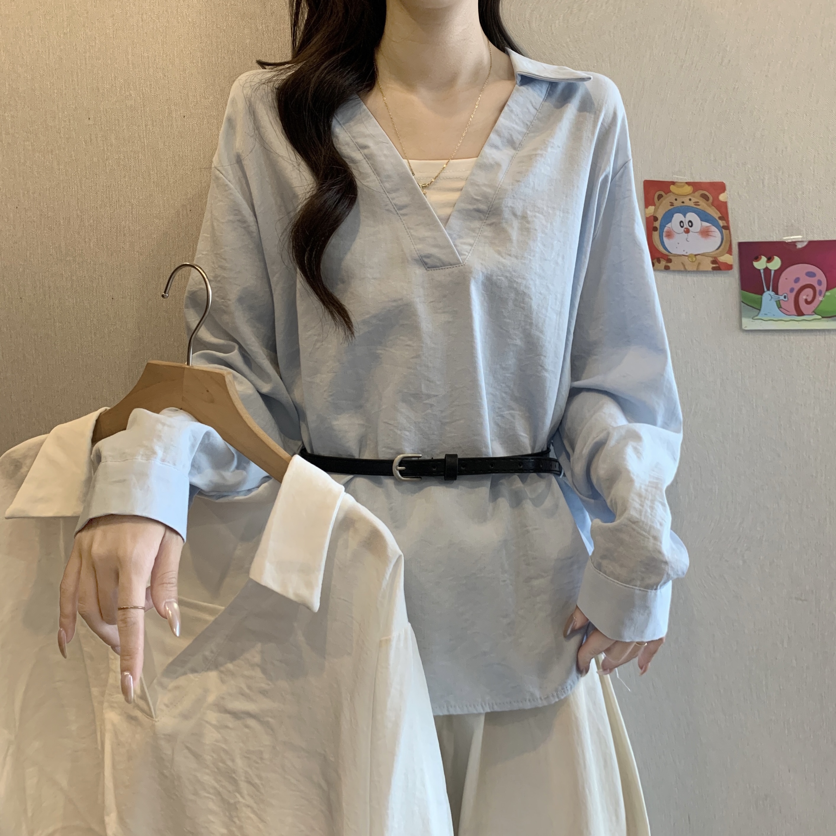 MY11944# 大码休闲小众假两件衬衫女2025新款秋季长袖衬衣胖MM遮...