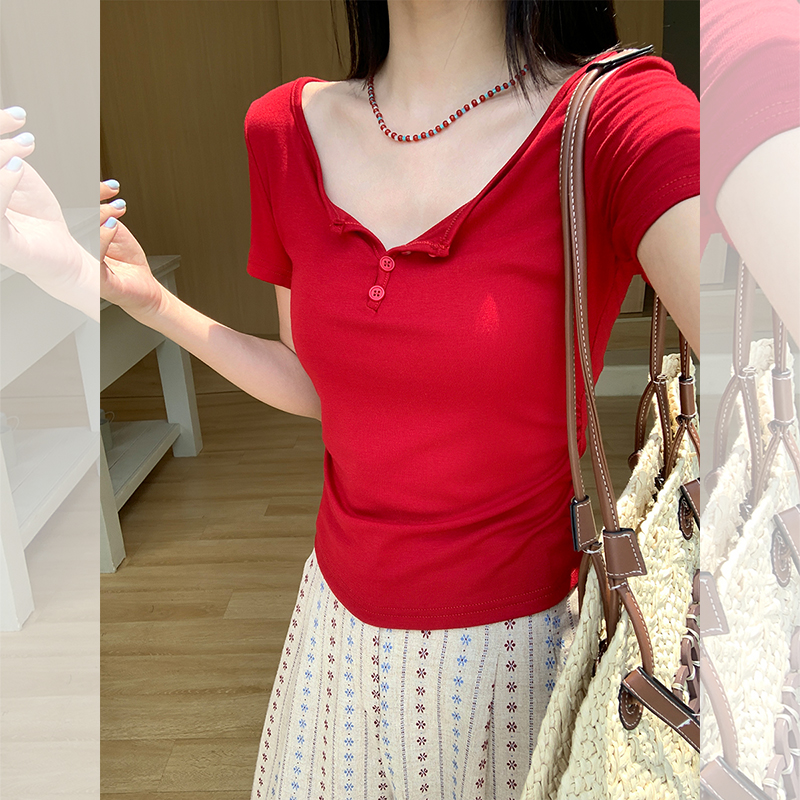 MY7968# 红色半开扣圆领短袖夏新款褶皱修身显瘦辣妹短款上衣女裝貨源服...