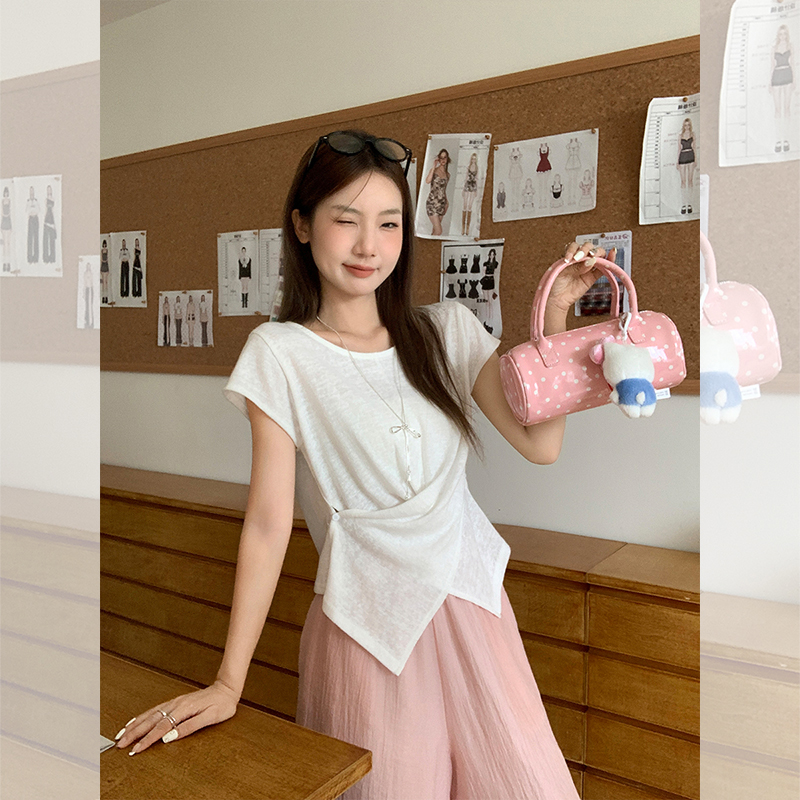 MY9088# 纯色纽扣圆领短袖T恤女夏季新款修身显瘦绝美上衣女裝貨源服裝批發