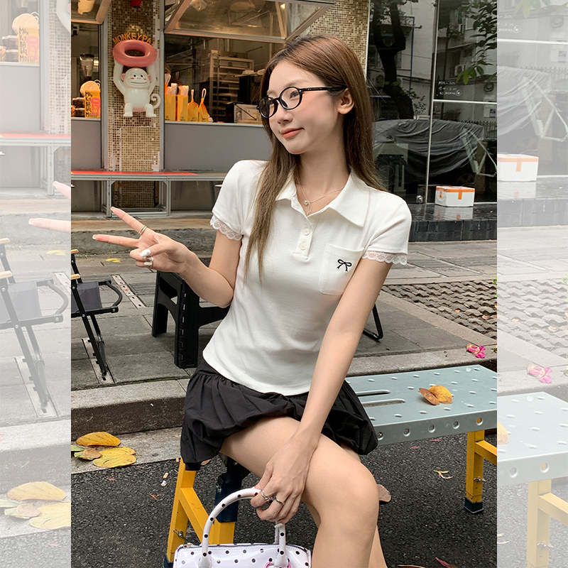 MY9089# 蝴蝶结刺绣Polo领正肩短袖T恤女夏季新款蕾丝绝美小上衣女裝貨源服裝批發