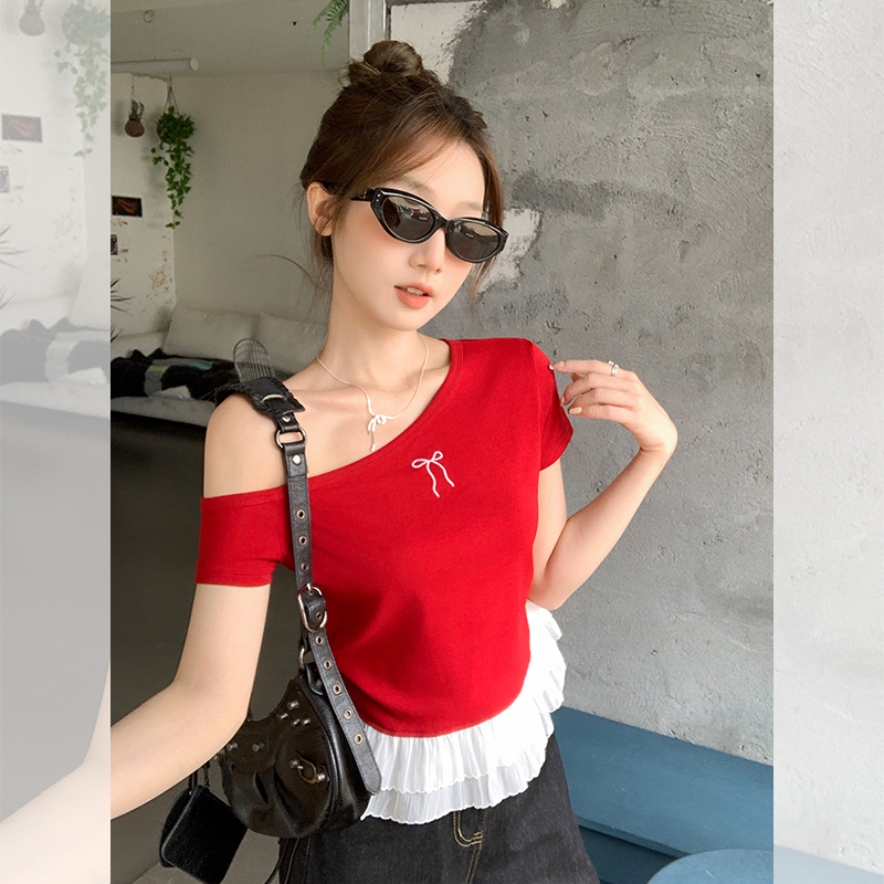 MY9093# 纯欲斜肩蕾丝花边下摆蝴蝶结刺绣短袖T恤女夏季露肩上衣女裝貨源服裝批發